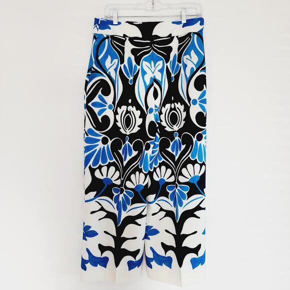 Zara Blue Floral Print Wide Leg High Waist Cropped Pants Coullotes Large - Picture 5 of 7